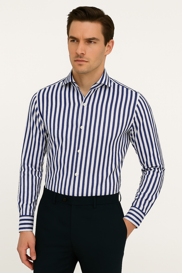 White & Royal Blue Stripe Dobby Balanced Bamboo Lyocell Performance